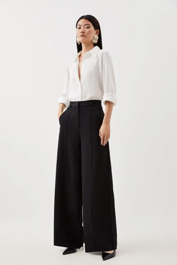Tall Premium Woven Viscose Crepe Wide Leg Trouser - Black