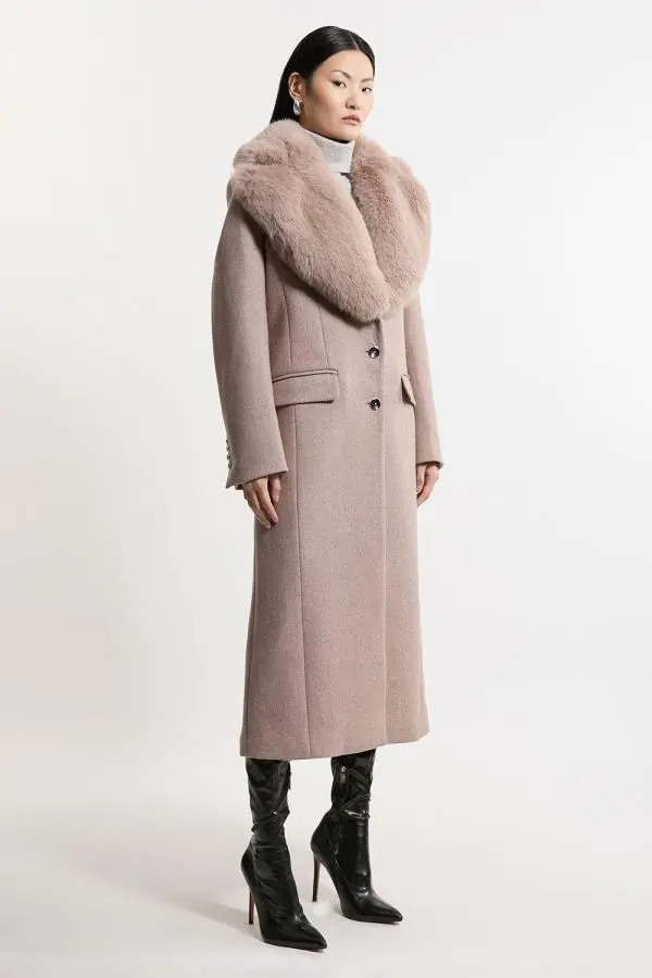 Wool Blend Fur Trim Collar Tailored Midi Coat - Taupe