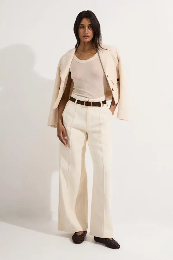Denim Waistband Detail Wide Leg Trousers - Cream