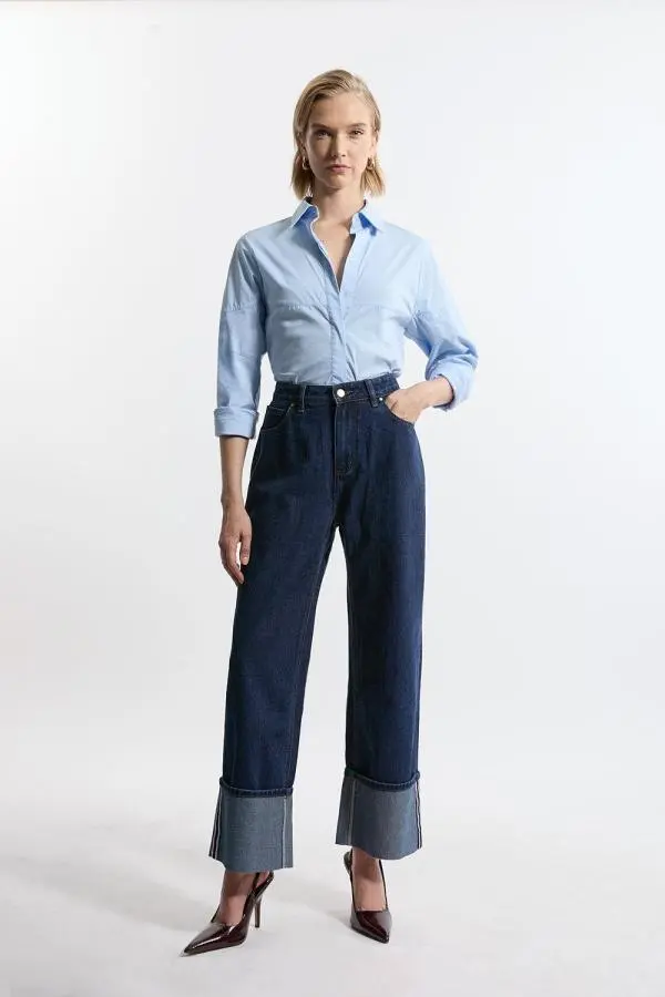 Denim Straight Leg Turn Up Hem Jeans - Indigo