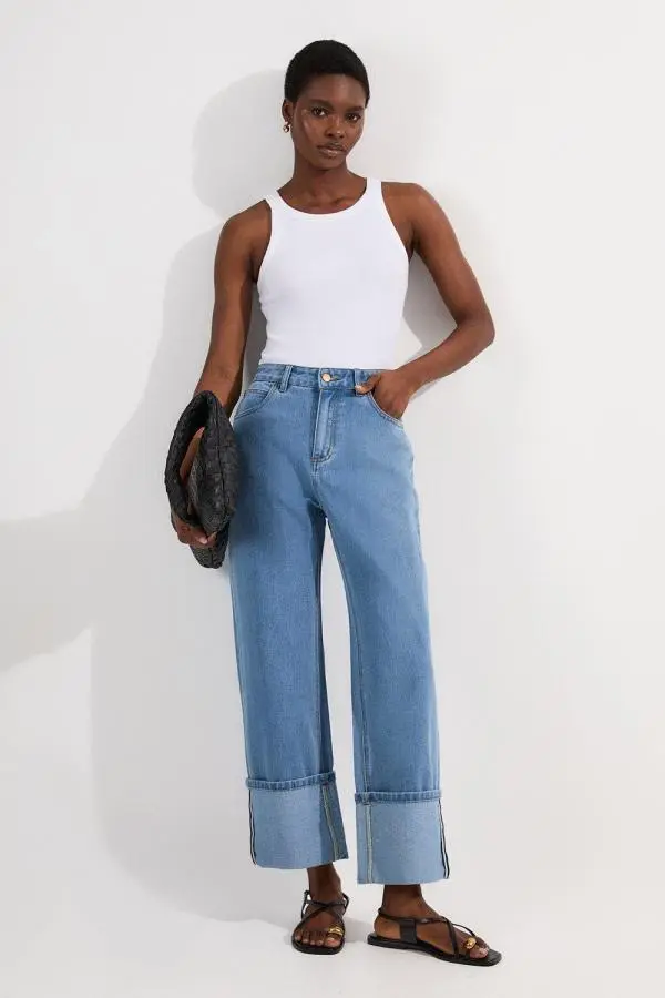 Denim Straight Leg Turn Up Hem Jeans - Light Blue