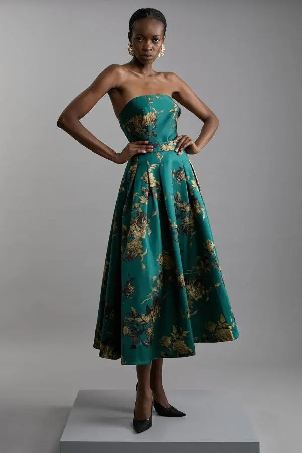 Tall Floral Print Woven Midi Skirt - Green