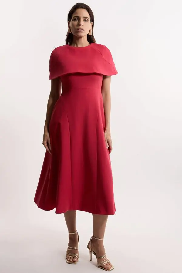Petite Compact Stretch Cape Sleeve Full Skirt Tailored Midaxi Dress - Red