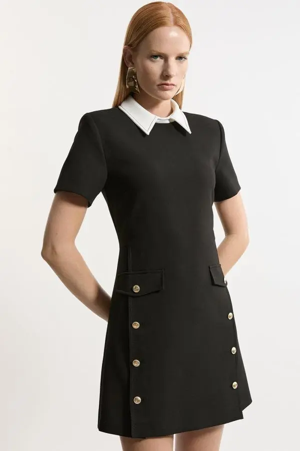 Compact Stretch Tailored Collared Button Detail Mini Dress - Black