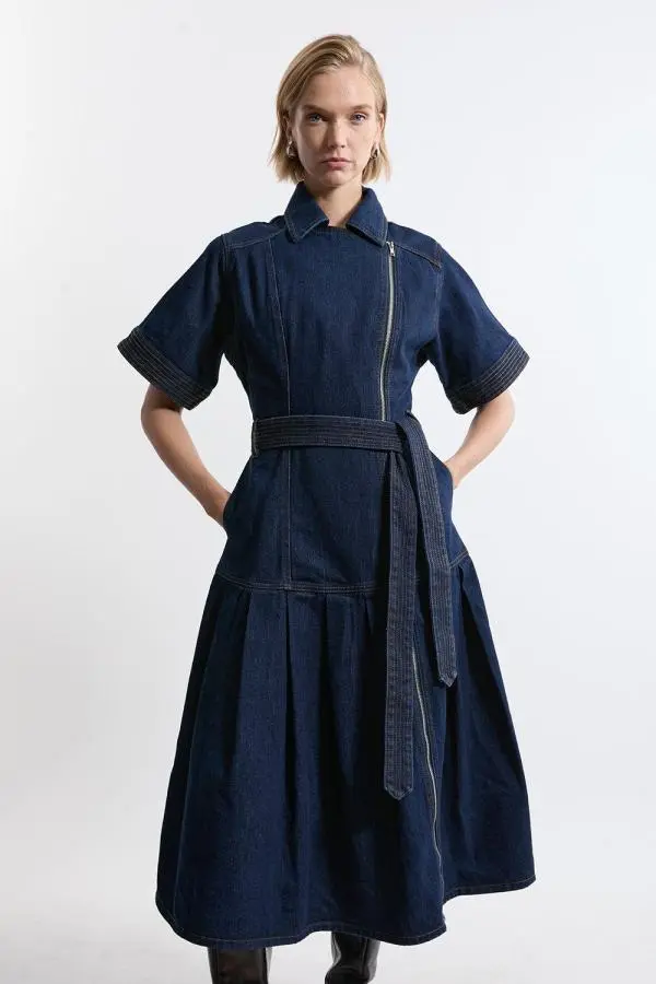 Petite Denim Pleated Hem Biker Dress - Dark Wash