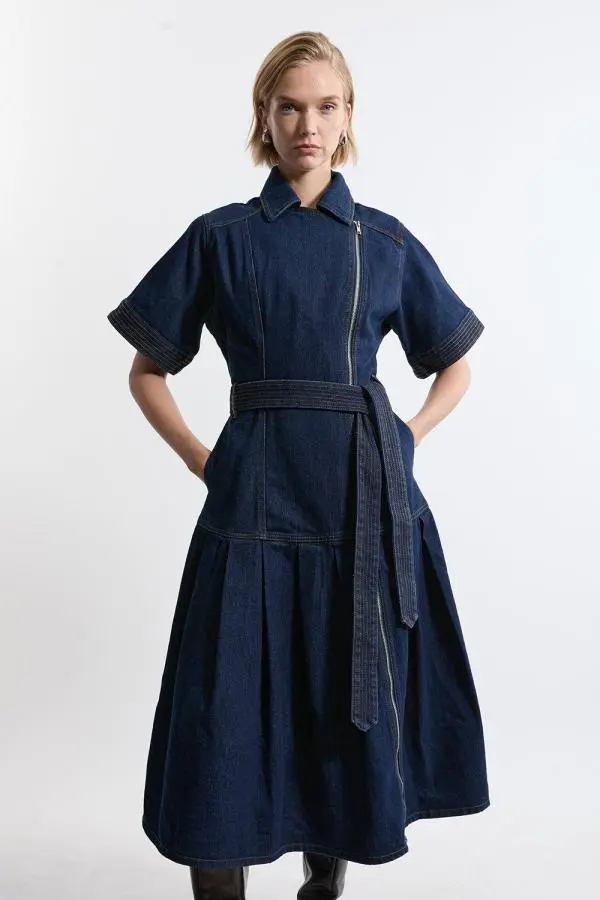 Denim Pleated Hem Biker Dress - Dark Wash