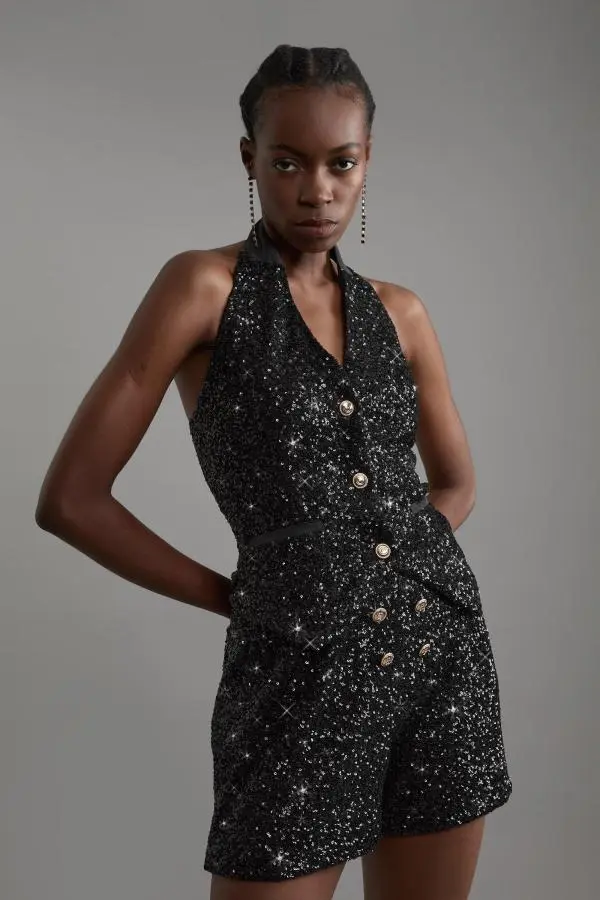 Sequin Tailored Mini Shorts - Black