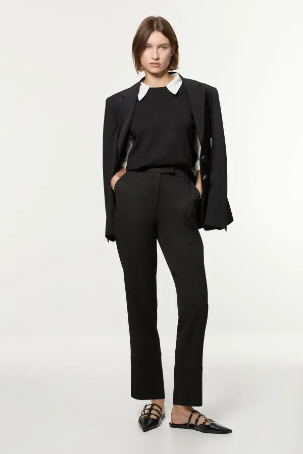 Technical Crepe Tailored Straight Turn Up Hem Trouser - Black