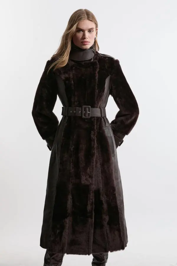 Shearling Trench Coat - Brown