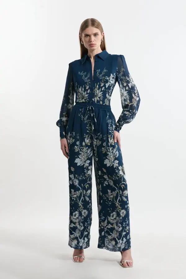Tall Border Print Viscose Piped Woven Wide Leg Trouser - Dark Navy