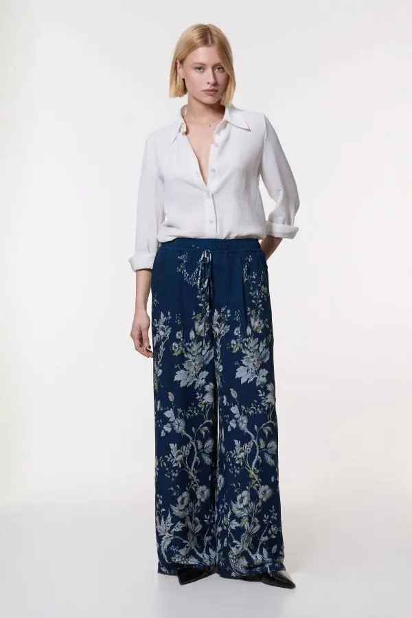 Floral Border Print Viscose Woven Wide Leg Trouser - Dark Navy