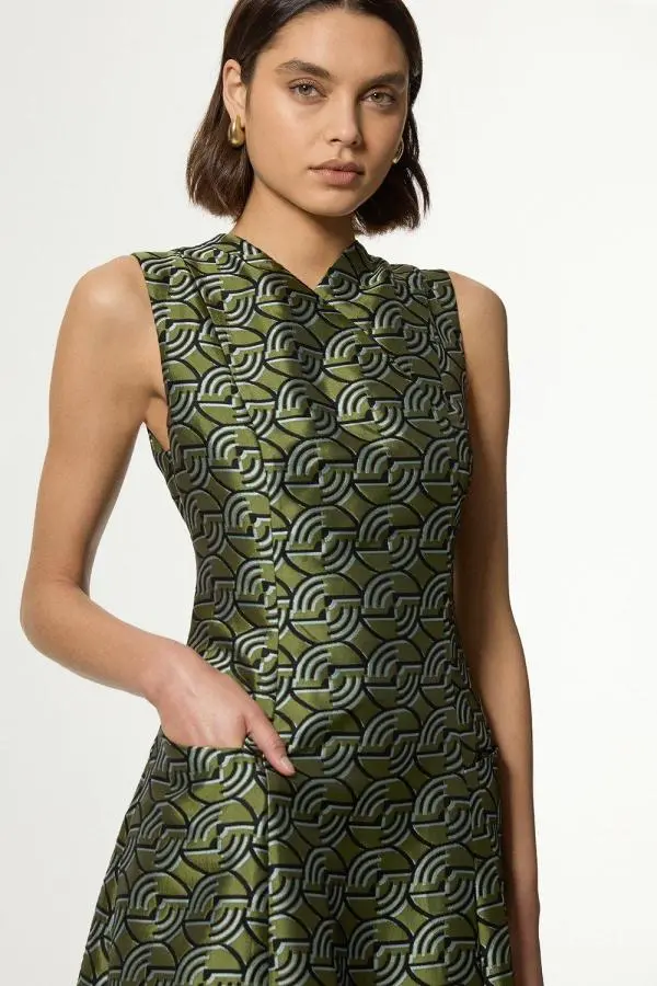 Geo Jacquard Twill Tailored Full Skirted Midi Dress - Green