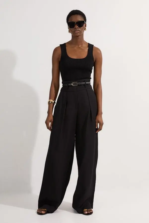 Tailored Viscose Linen Wide Leg Trouser - Black