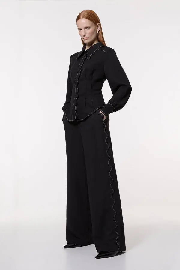 Scallop Trim Woven Crepe Trouser - Black