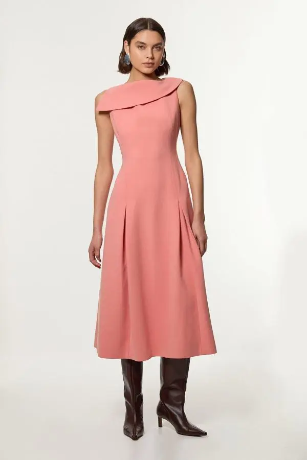 Compact Stretch Asymmetric Neck Tailored Full Skirted Dress - Pink