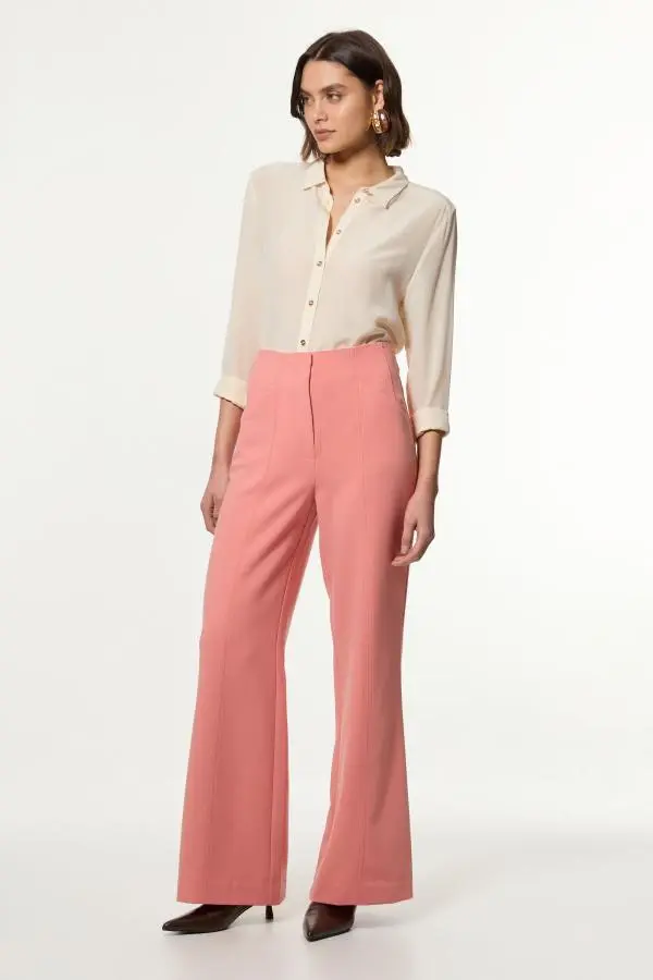 Compact Stretch Tailored Seam Detail Wide Leg Trouser - Pink