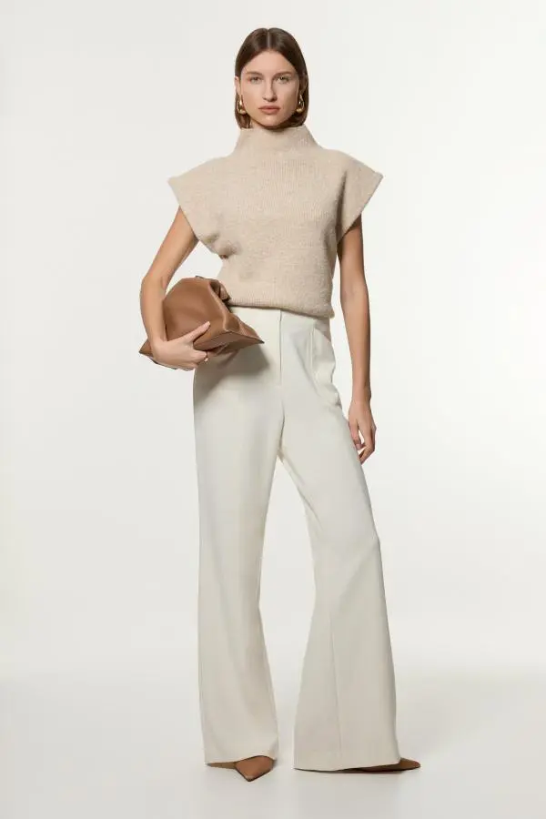 Compact Stretch Tailored Seam Detail Wide Leg Trouser - Ivory