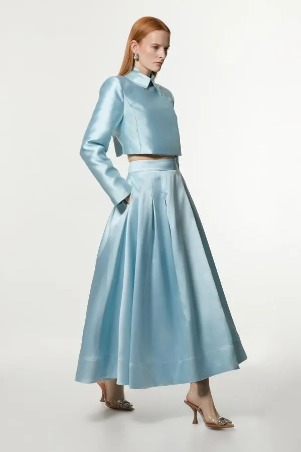 Twill Prom Woven Maxi Skirt - Light Blue