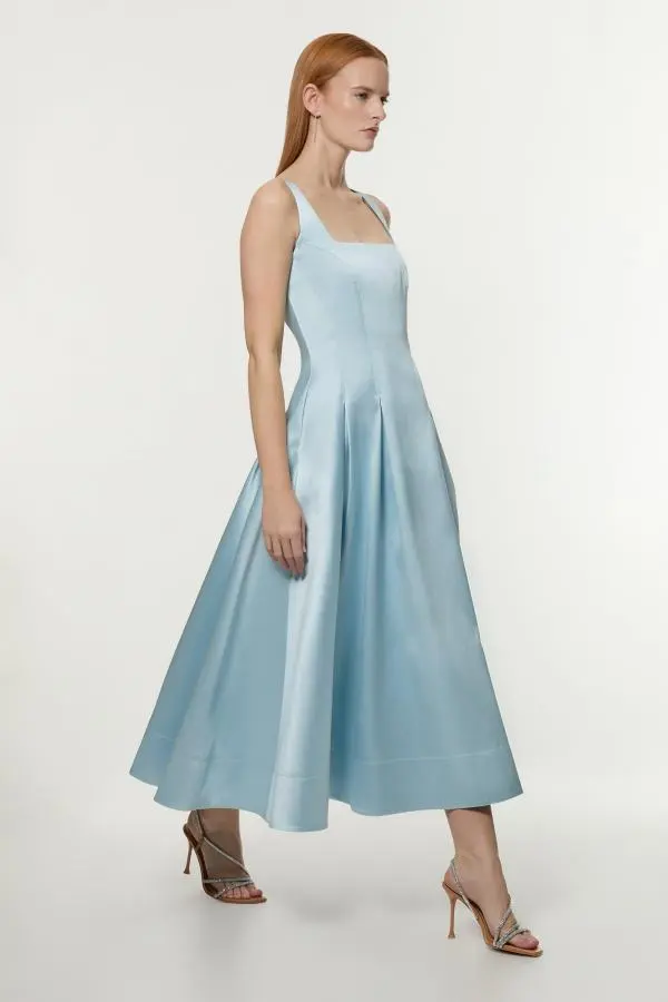 Twill Prom Woven Midi Dress - Light Blue