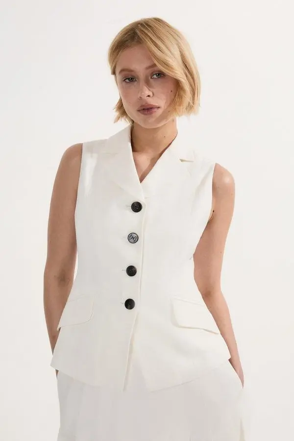 Viscose Linen Tailored Waistcoat - Ivory