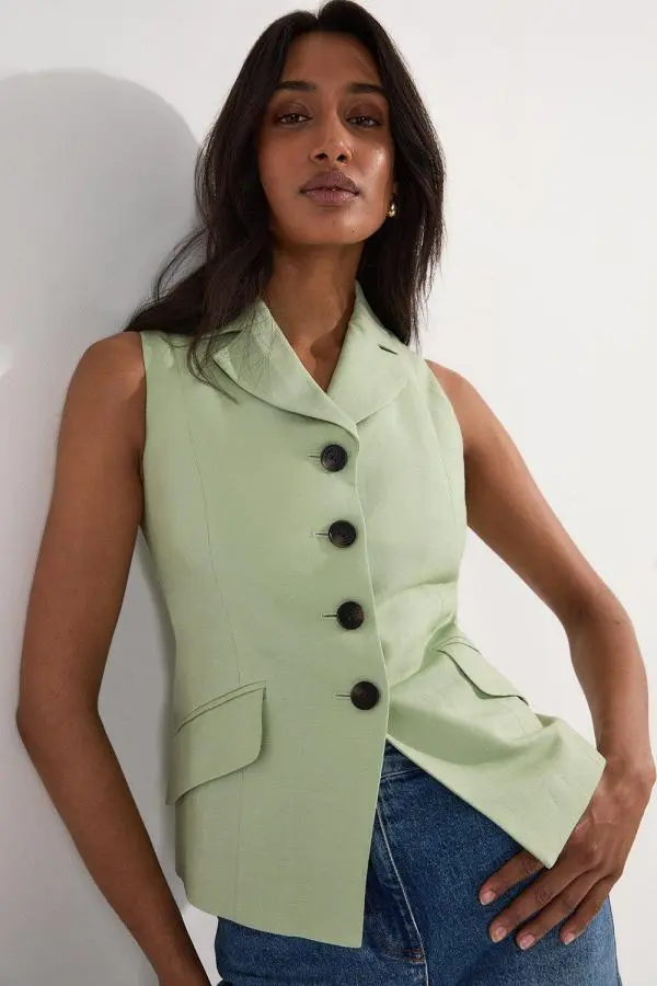 Viscose Linen Tailored Waistcoat - Sage