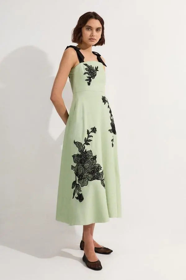 Viscose Linen Placed Floral Lace Embroidered Strappy Midi Dress - Sage