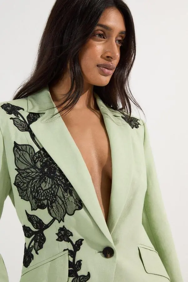 Viscose Linen Placed Floral Lace Embroideried Tailored Jacket - Sage