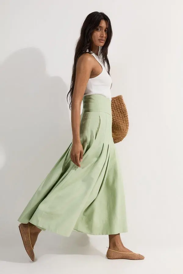 Viscose Linen Tailored Full Skirted Midaxi Skirt - Sage