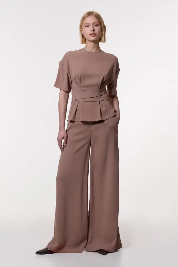Satin Back Crepe Wide Leg Trouser - Mocha