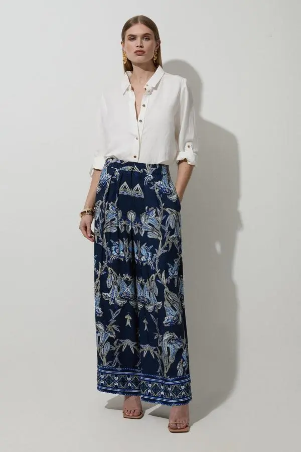 Viscose Linen Mirrored Floral Woven Straight Leg Trouser - Navy