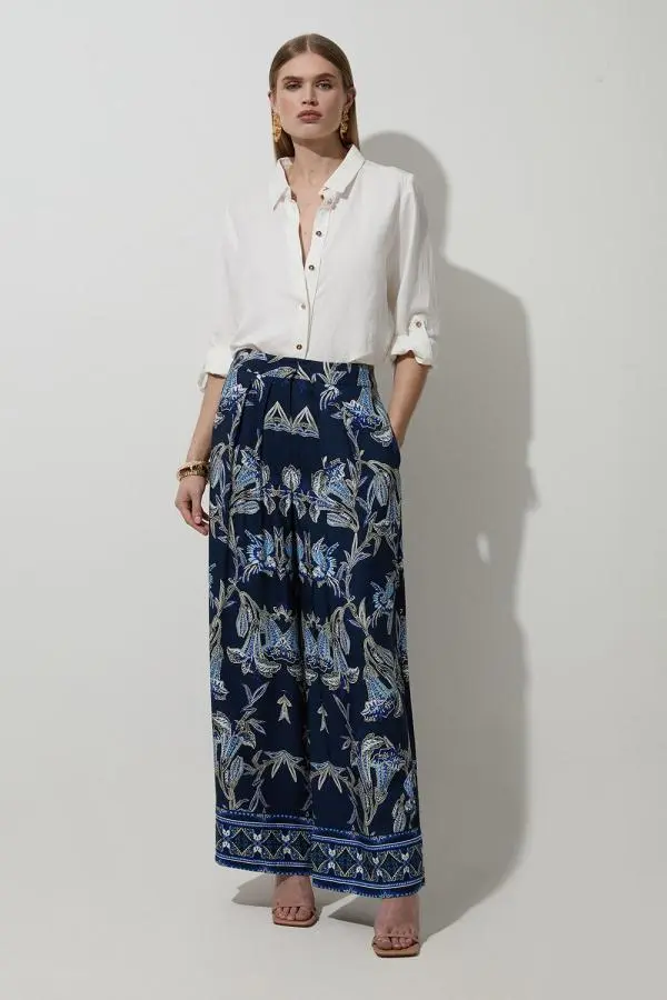 Viscose Linen Mirrored Floral Woven Straight Leg Trouser - Navy
