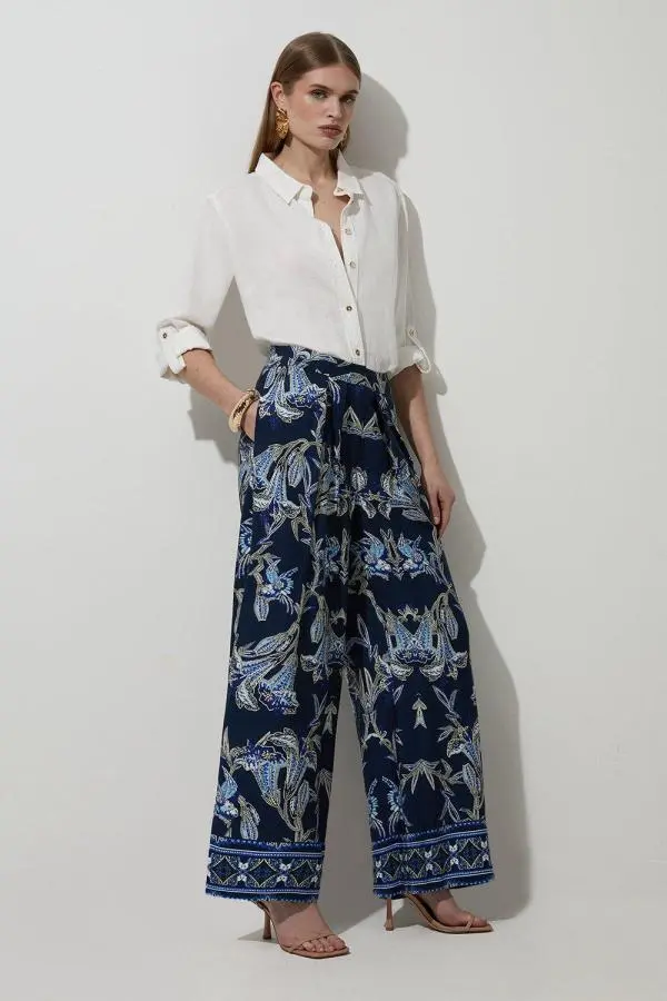 Tall Viscose Linen Mirrored Floral Woven Straight Leg Trouser - Navy