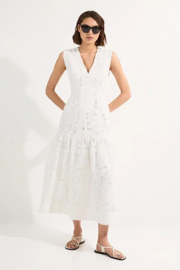 Cutwork Broderie Tiered Woven Maxi Dress - White