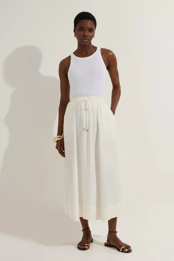 Premium Viscose Linen Tie Waist Woven Skirt - White