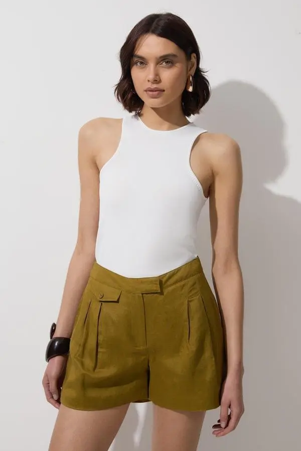 Viscose Linen Woven Pocket Detail Short - Khaki/Green