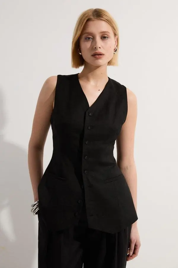 Viscose Linen Woven Longline Waistcoat - Black