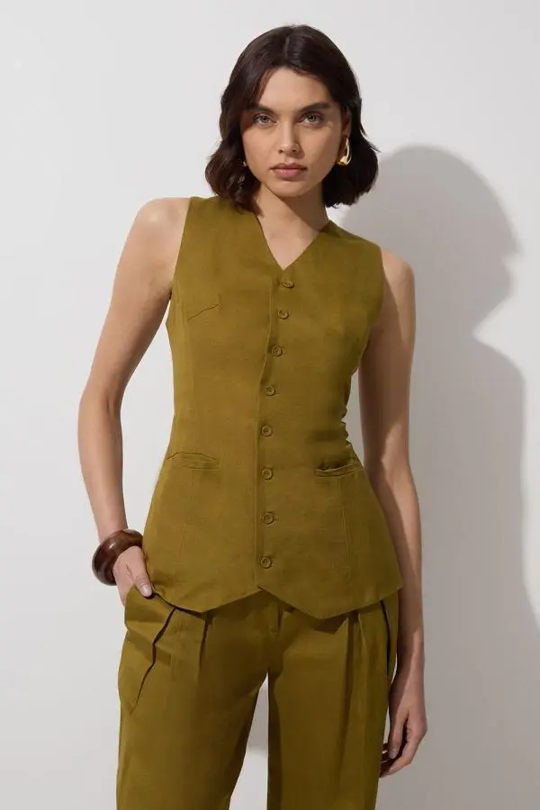 Viscose Linen Woven Longline Waistcoat - Khaki/Green