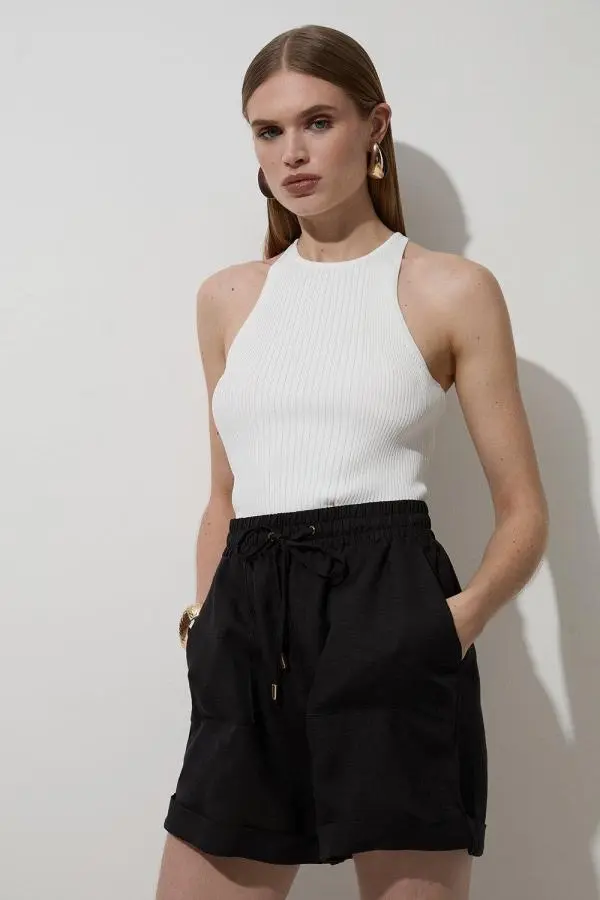 Viscose Linen Tie Waist Woven Short - Black