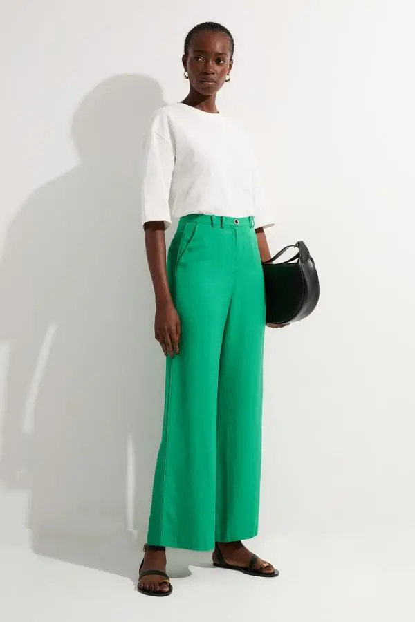 Petite Premium Viscose Linen Woven Straight Leg Trouser - Green