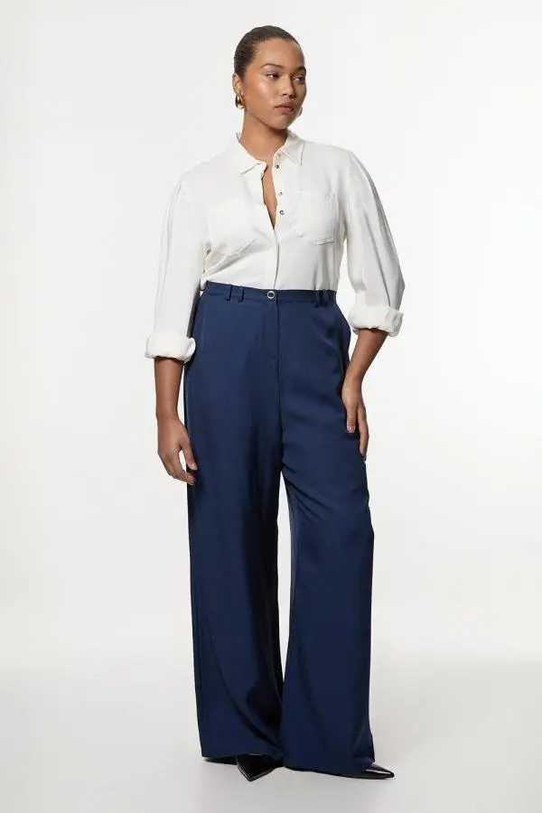 Plus Size Premium Viscose Linen Woven Straight Leg Trouser - Navy