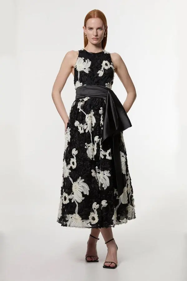 Rosette Textured Woven Prom Maxi Dress - Mono