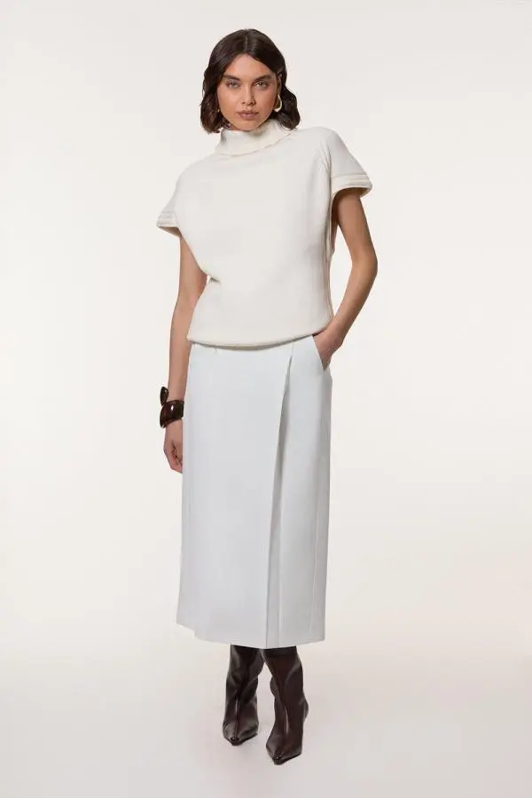 Compact Stetch Contrast Waistband Pencil Midi Skirt - Ivory