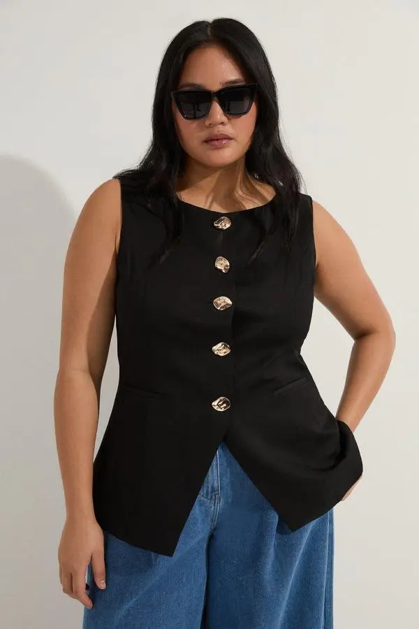 Plus Size Viscose Linen Tailored Statement Button Front Waistcoat - Black