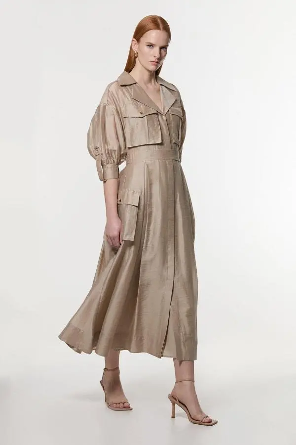 Organdie Slub Utility Pocket Detail Woven Shirt Dress - Champagne
