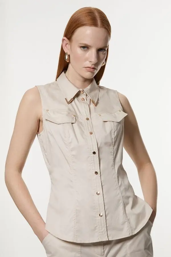 Cotton Sateen Utility Detail Woven Blouse With Gold Hardware - Brown
