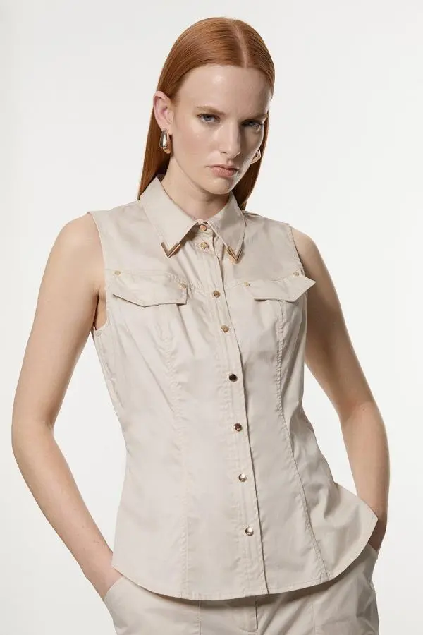 Cotton Sateen Utility Detail Woven Blouse With Gold Hardware - Brown
