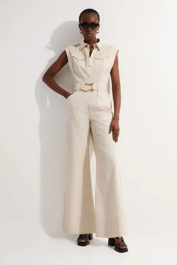 Cotton Sateen Utility Top Stitch Detail Woven Jumpsuit With Gold Hardware - Brown