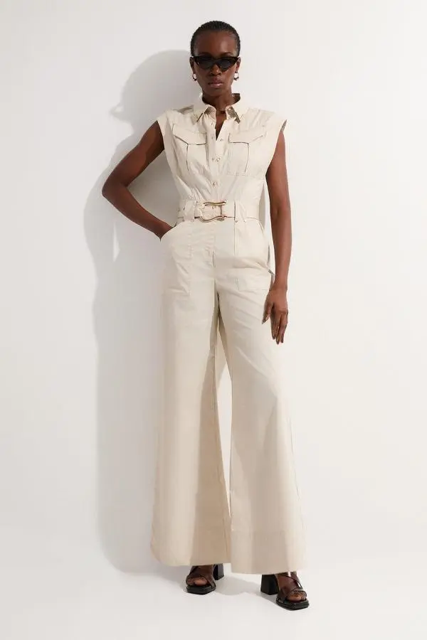Cotton Sateen Utility Top Stitch Detail Woven Jumpsuit With Gold Hardware - Brown