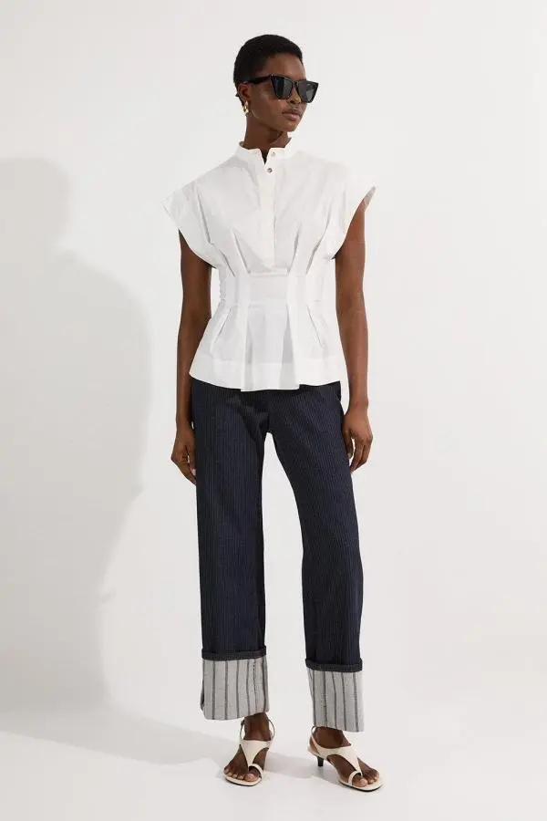 Stripe Denim Turn Up Straight Leg Jean - Mid Blue