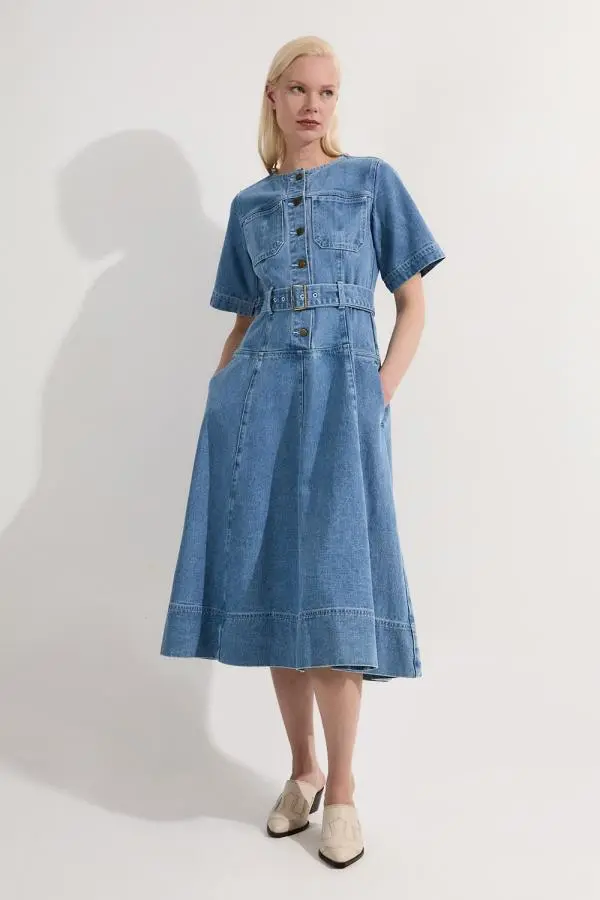 Denim Soft Wash Short Sleeve Belted Midi Dress - Mid Blue